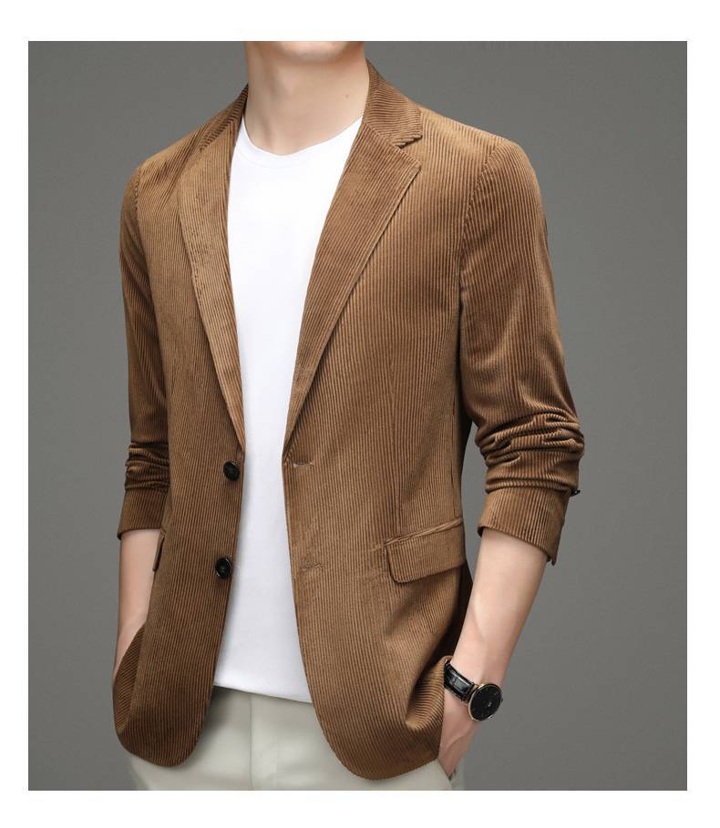 灯芯绒休闲西服男秋冬薄款条绒小西装韩版潮流帅气英伦风单西外套