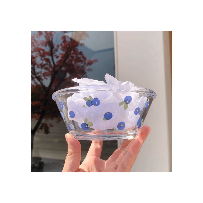 Cute Blueberry Glass Salad Bowl Large Capacity Fruit Bowl Girly Heart Oatmeal Bowl Student Cold Noodle Bowl Snack Bowl