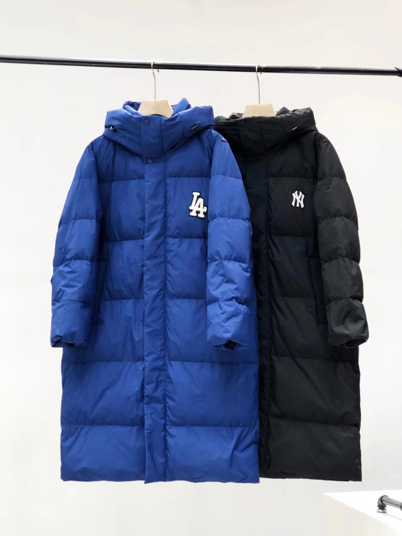 2021冬季新款mlb羽绒服ny洋基队男女情侣款连帽长款羽绒服外套