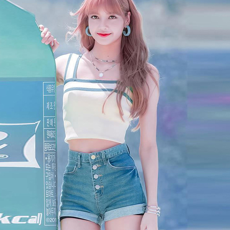 lisa明星同款高腰提臀排扣翻边牛仔短裤女街头紧身包臀卷边热裤夏
