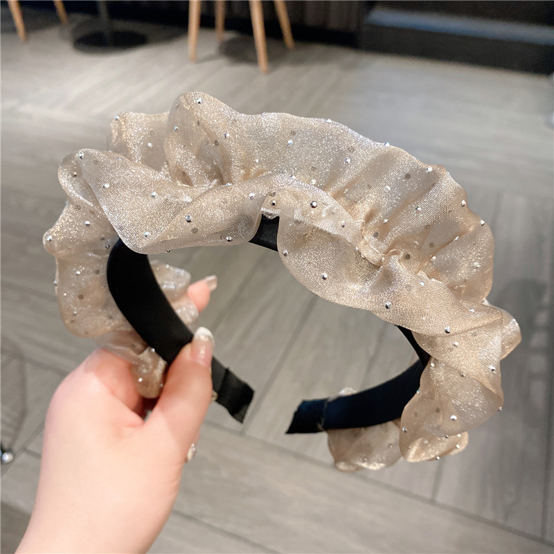 Fairy Temperamental Simple Wooden Ear Pleated Super Wide Organza Headband Ruffled Mesh Hair Fixer Wide Edge Female Headband