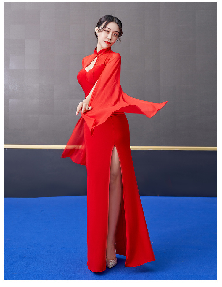 舞台表演服中国风广袖流留仙裙超仙性感开叉晚礼服长款夜场连衣裙