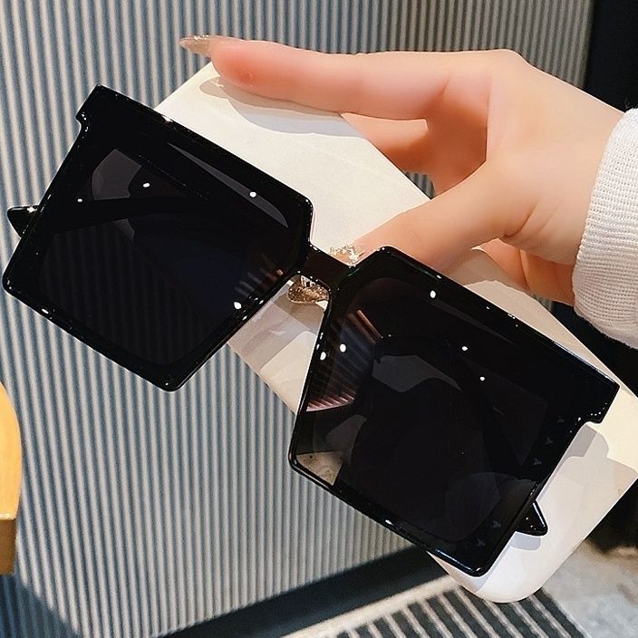 韩国新款高清方形大框大脸显瘦墨镜女街拍潮太阳镜男黑色-阿里巴巴