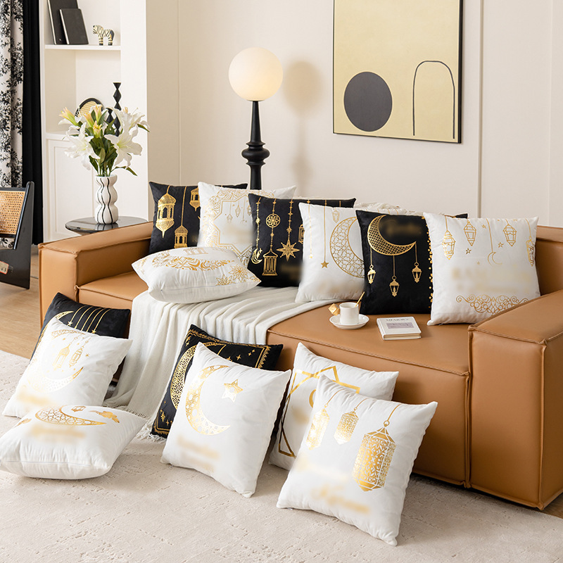 Cross-Border Golden Moon Bronzing Pillow Cover Black and White Two-Color Sofa Cushion Cover Nordic Light Luxury Short Plush Throw Pillowcase