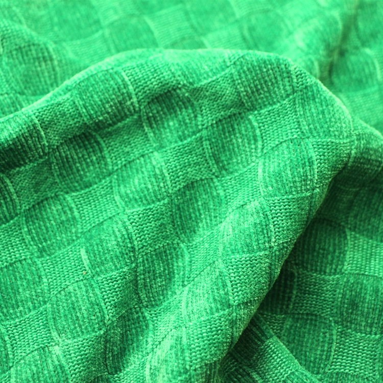 移圈粗针提花布绿色方格子粗针雪尼尔半边绒布哈伦阔腰裤服装面料