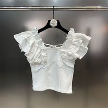 女童夏季新款荷叶边方领拼接T恤2024年韩版洋气时尚修身弹力上衣