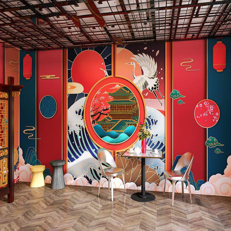 3d国潮火锅店墙纸网红自拍馆中国风仙鹤背景中式餐厅饭店烧烤壁纸