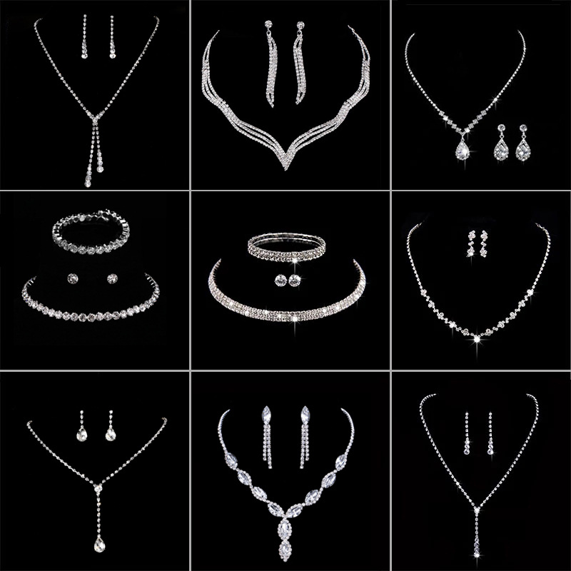 Popular Online Set Wholesale Fashion Bright Diamond Zircon Water Drop Necklace Earrings Bridal Wedding Accessories for Women