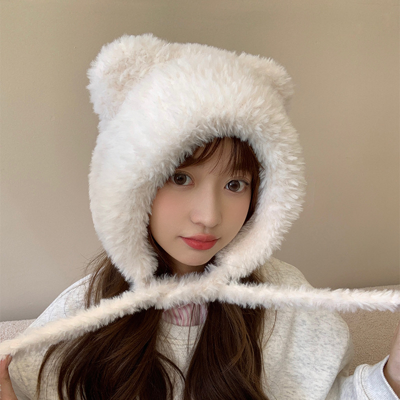 可爱小熊毛绒帽子女冬天加绒加厚保暖雷锋帽仿兔毛防风护耳包头帽