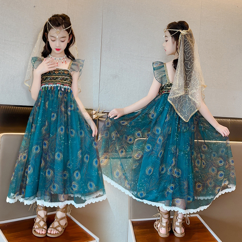 女童连衣裙女孩民族风孔雀演出服夏装2023新款洋气儿童雪纺吊带裙