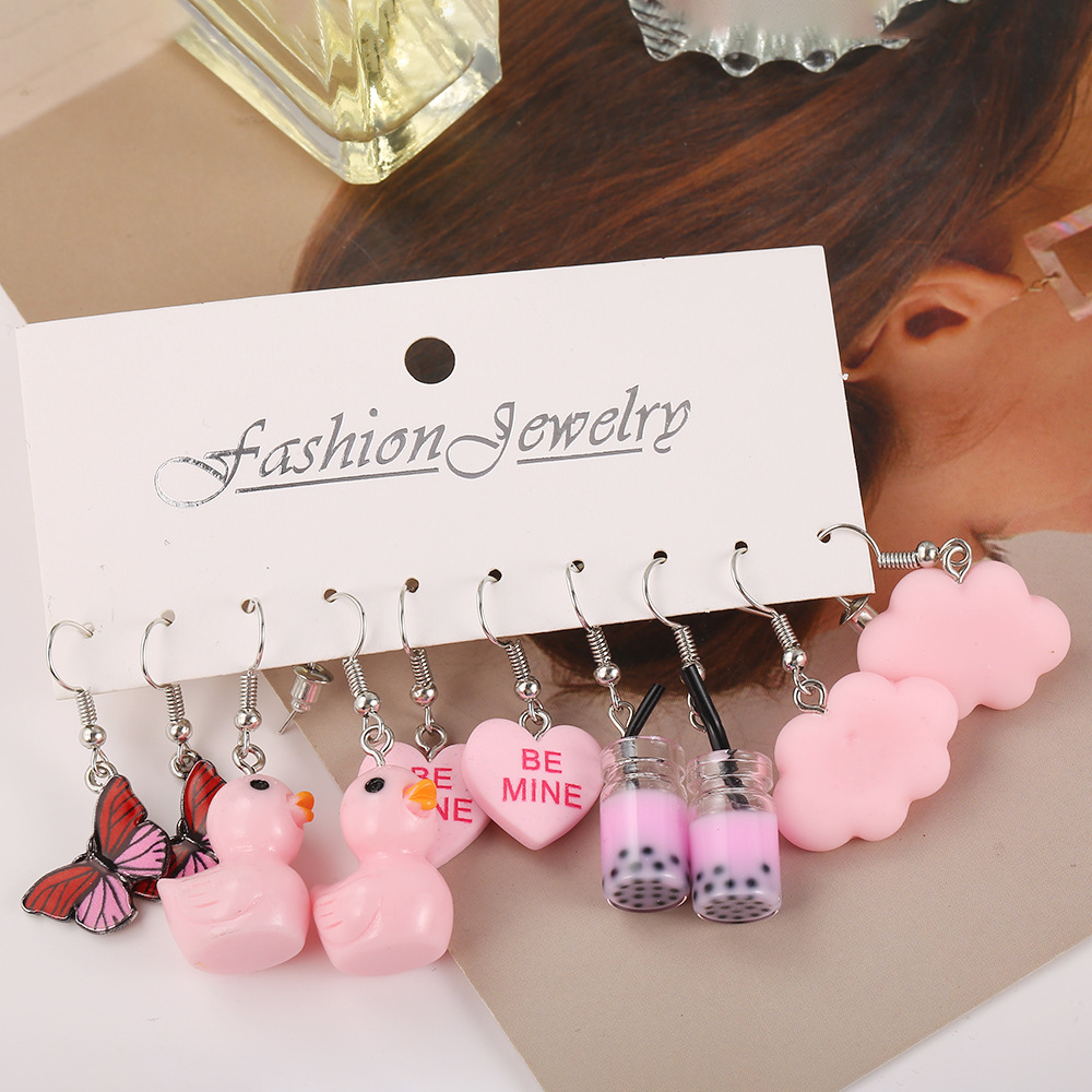 Cross-Border Eccentric Personality Pink Duck Butterfly Earrings Creative Acrylic Clouds Peach Heart Stud Earring Suit 5 Pairs