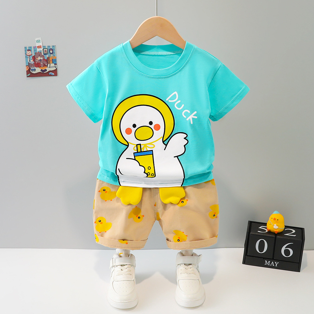 2022 Summer New Children Suit Boys Cartoon Music Duck round-Neck Shirt Short Sleeve Shorts Two-Piece Set