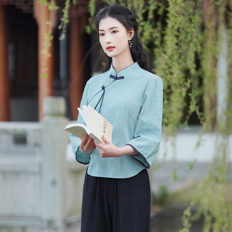 棉麻旗袍民国风复古中国风五四青年装演出服女茶艺师工作服套装夏