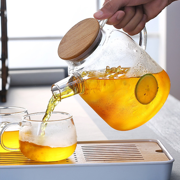 Large Capacity Transparent Glass Large and Small Flow Kettle Household Bamboo Steel Cover Juice Drink Pot Cold Boiled Water Four Seasons Pot