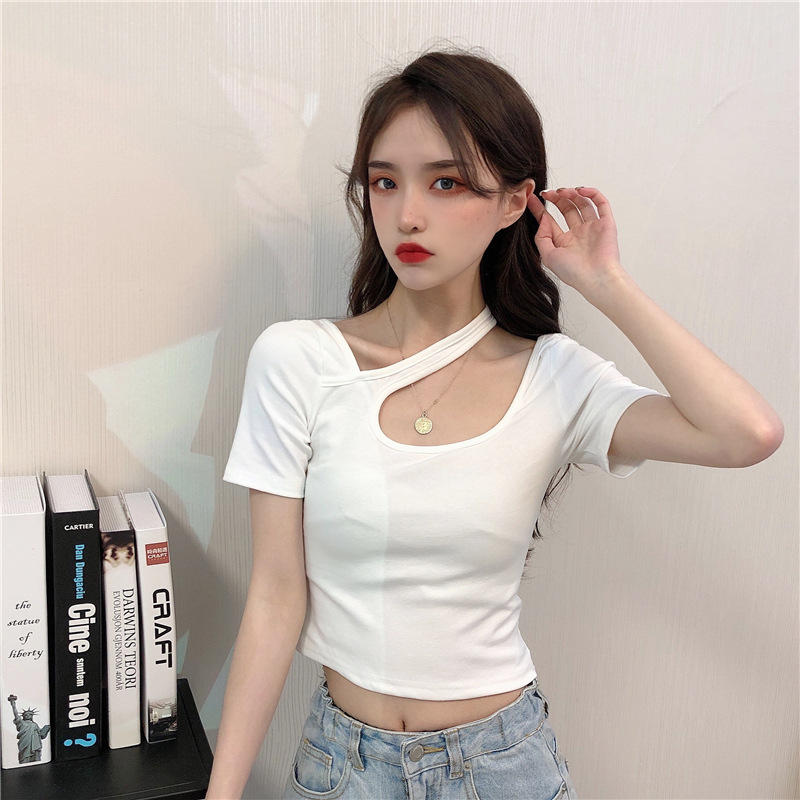 白色露脐上衣短款t恤女夏短袖高腰网红紧身爵士舞漏肚脐半袖ins潮