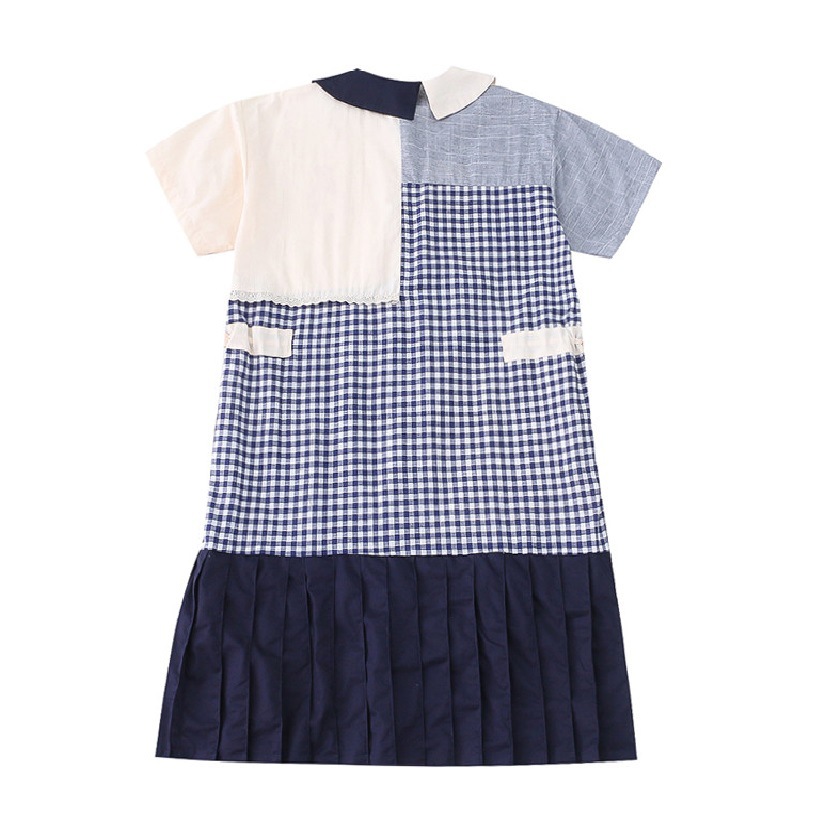 Japanese Vintage Style Pastoral Girl Plaid Stitching Natural Waist Girl's Dress Pleated Dress Niche Design