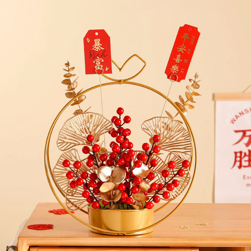 Wholesale New Year Decoration Fortune Fruit Hollyberry Red Berry Wrought Iron Flower Basket Moving into the New House Desktop Emulational Flower Decoration