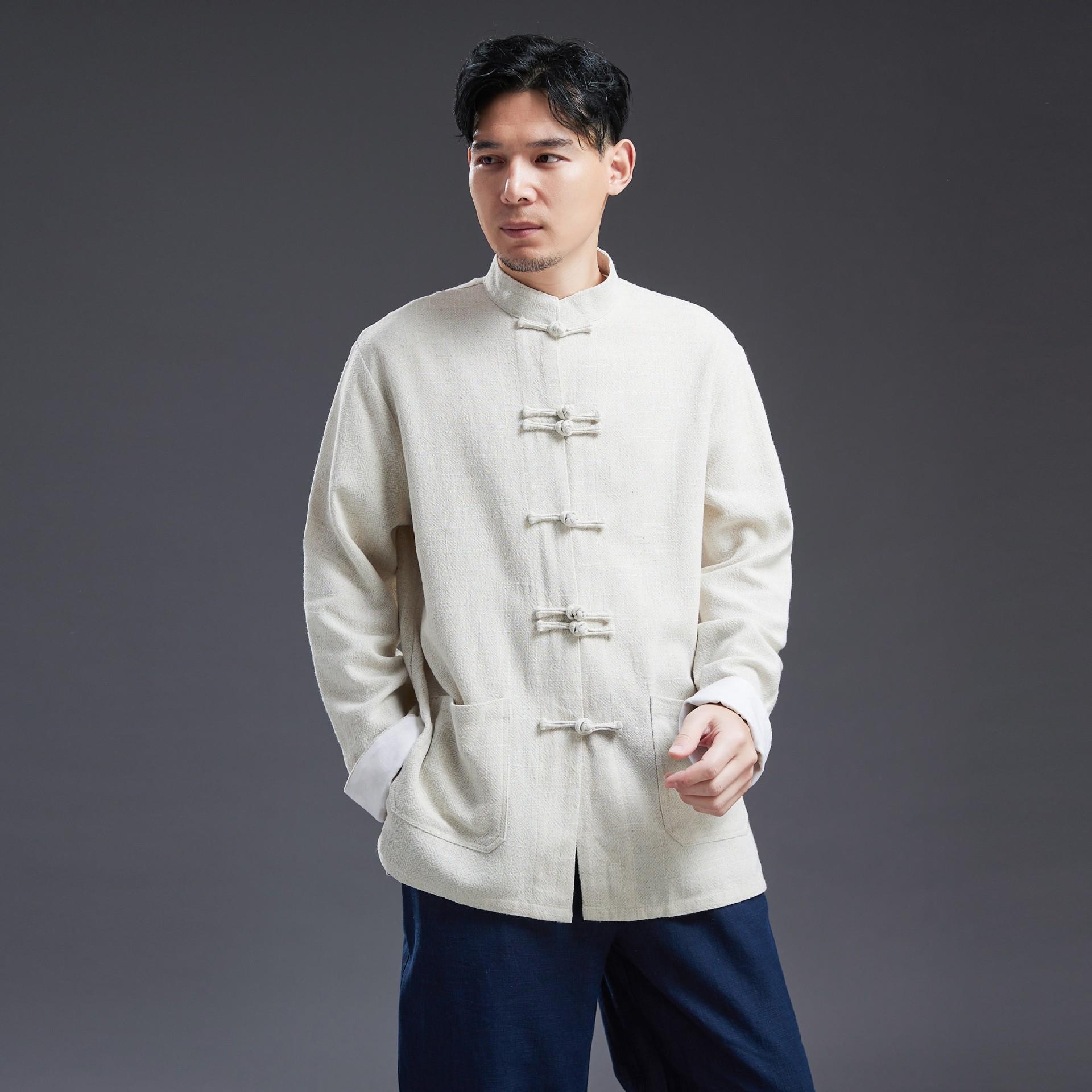 春季新品苎麻立领开衫盘扣上衣外套男款对襟衬衫中国风宽松休闲
