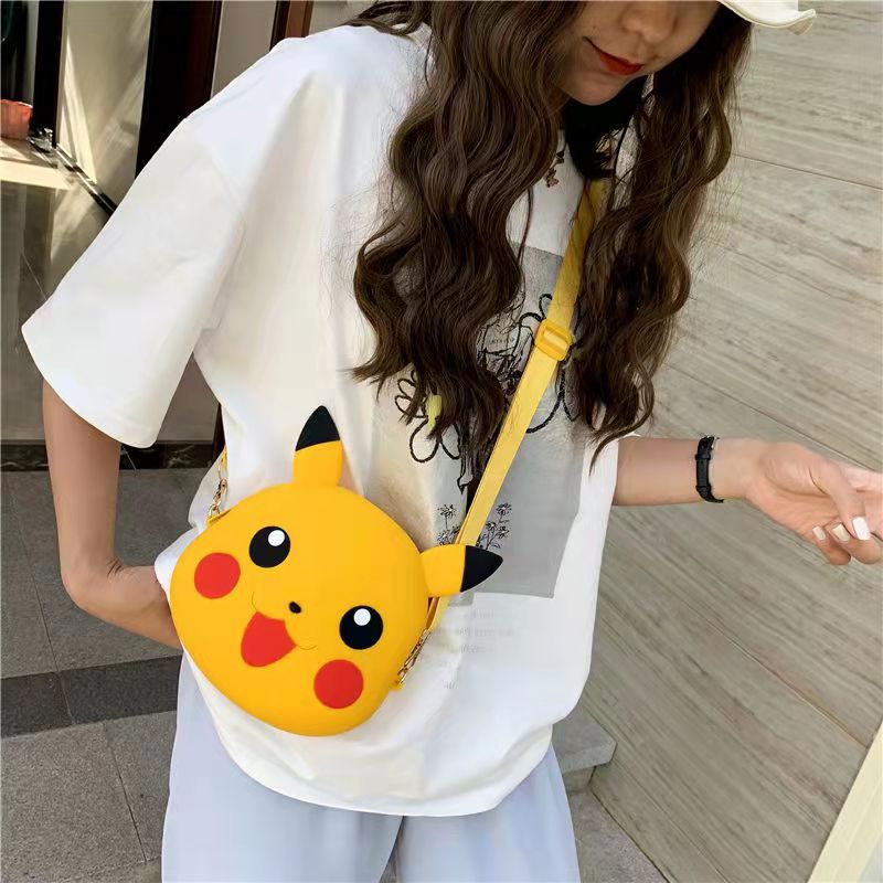 Cute Cartoon Pikachu Small round Bag Coin Purse Children's Small Bags Silicone Boys Girl's Crossbody Bag Shoulder Bag