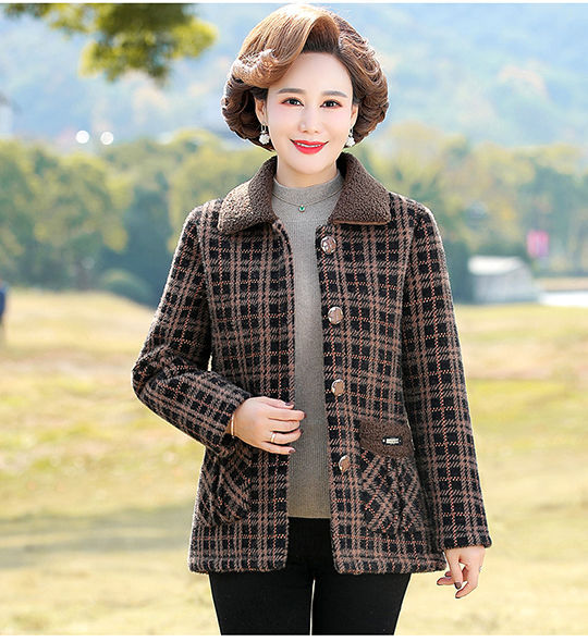 秋冬新款水貂绒棉衣高贵中老年人加绒加厚时尚洋气妈妈装格子外套