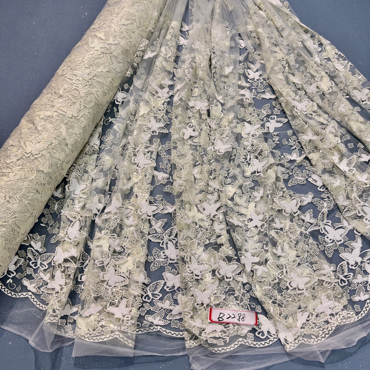 LC3047蝴蝶玻璃珠花型 婚纱礼服面料 网纱撒金片 喷金花型 面料