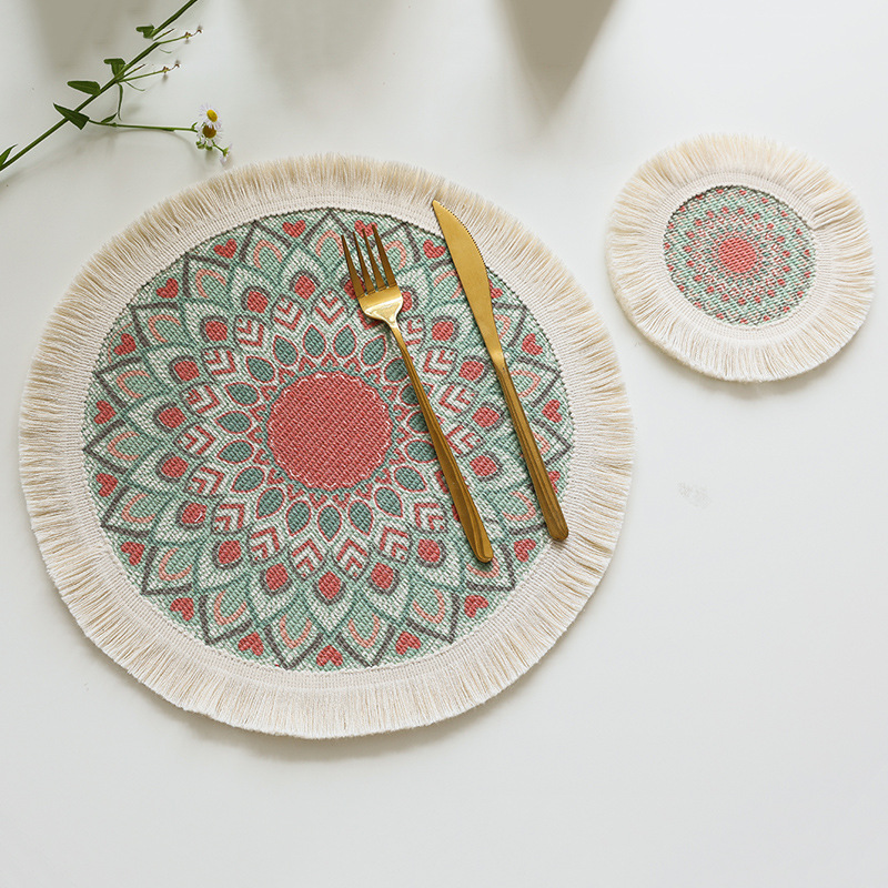 Cross-Border Hot Sale Printed round Placemat Cotton Yarn Boho Tassel Heat Proof Mat Gourmet Decorative Pad