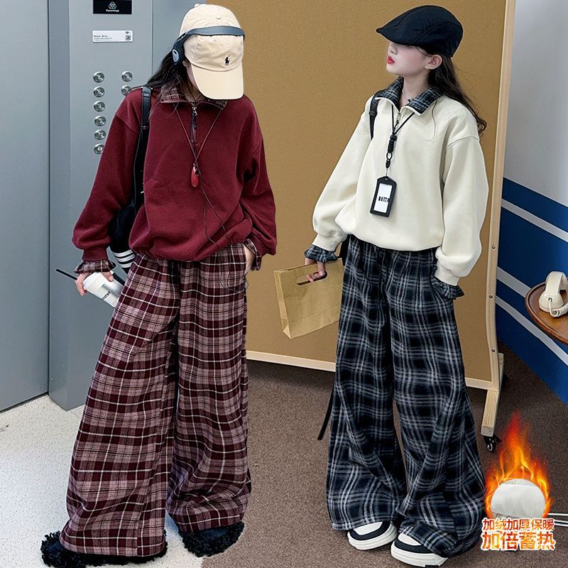 女童冬装加绒套装2025新款秋冬季加厚大童卫衣阔腿裤韩系穿搭10岁