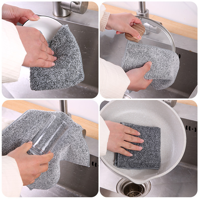 Thickened Bamboo Charcoal Fiber Dishcloth Kitchen Oil-Removing Rag Oil-Free Lint-Free Dish Towel Absorbent Scouring Pad