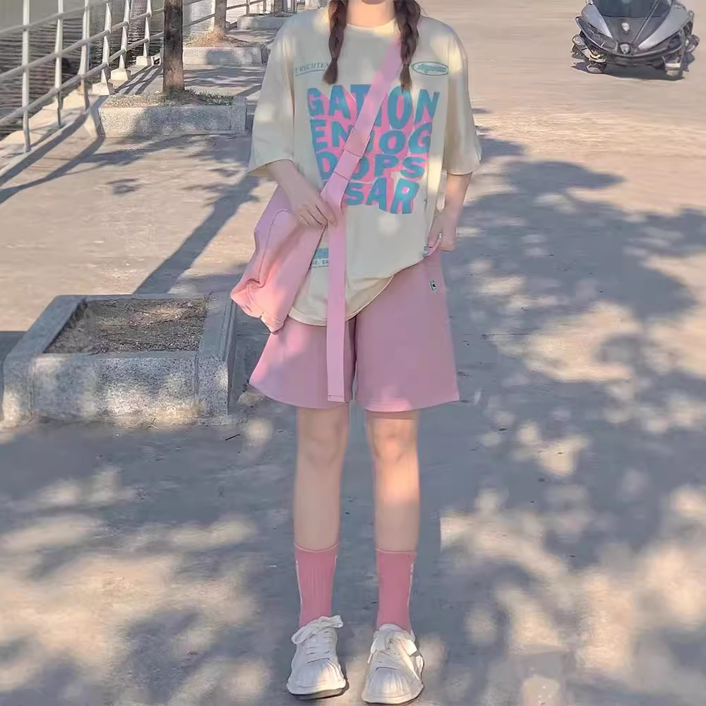 夏天运动套装女学生宽松多巴胺穿搭一整套韩版短袖短裤休闲两件套
