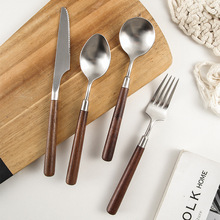 新款304不锈钢日式复古胡桃木餐具木柄叉勺家用吃饭喝汤加厚勺子