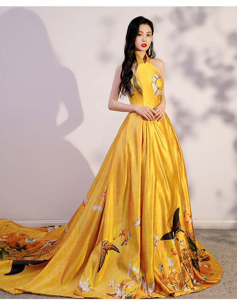 主持人礼服女2021新款优雅长款模特旗袍礼服舞台走秀修身演出服夏