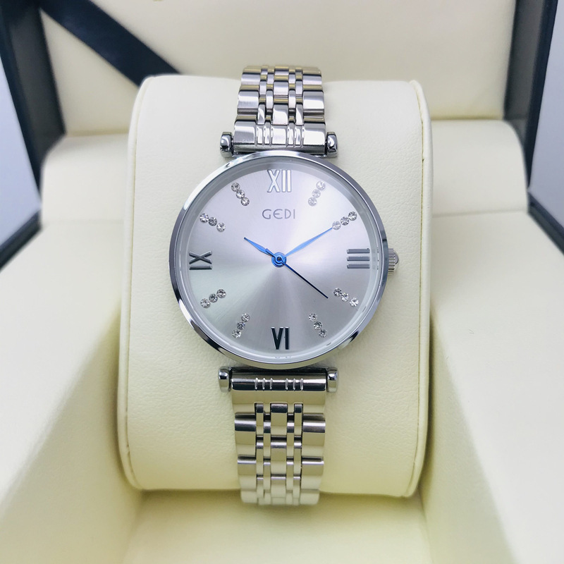 gedi歌迪手表女士简约气质银色白钢带防水高档精致学生女表薄批发