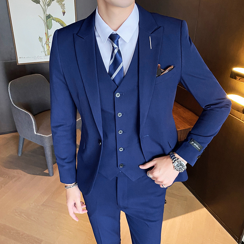 休闲小西装套装男蓝色帅气新郎婚礼修身潮流男士西服正装结婚礼服