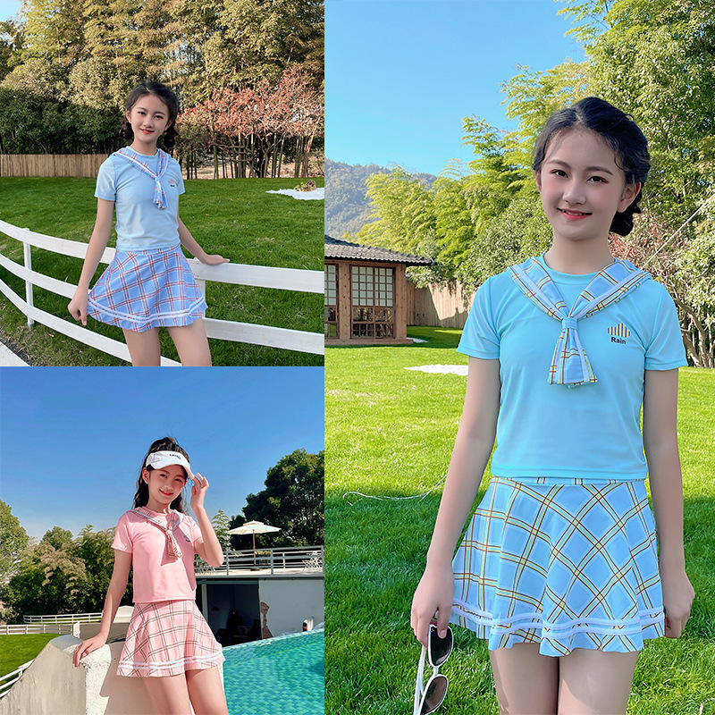 2022夏季新款女童泳衣学院风分体泳衣日系小清纯jk百褶裙泳衣批发