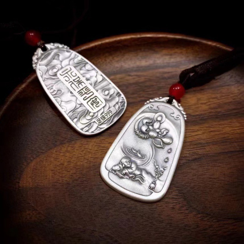 足银999和尚莲花吊牌阿弥项链男女款式 复古哑光祥云毛衣链平安