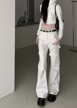 美式白色工装牛仔裤女夏季低腰微喇叭直筒阔腿长裤小个子休闲裤子