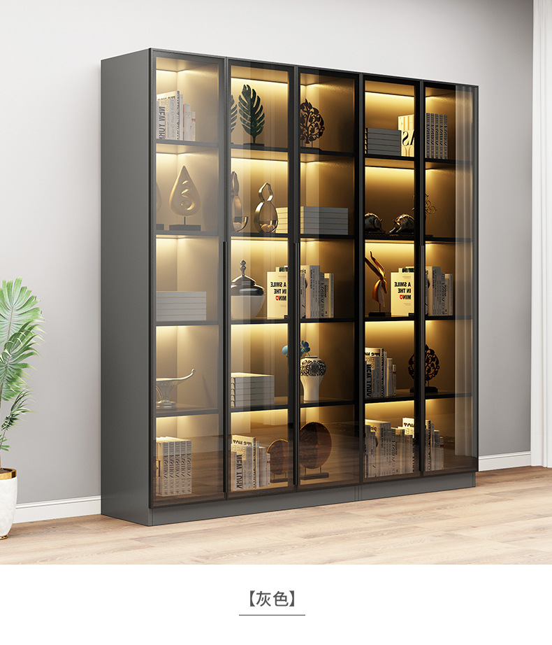 轻奢玻璃门书柜书架靠墙组合书橱落地简约现代家用客厅收纳展示柜