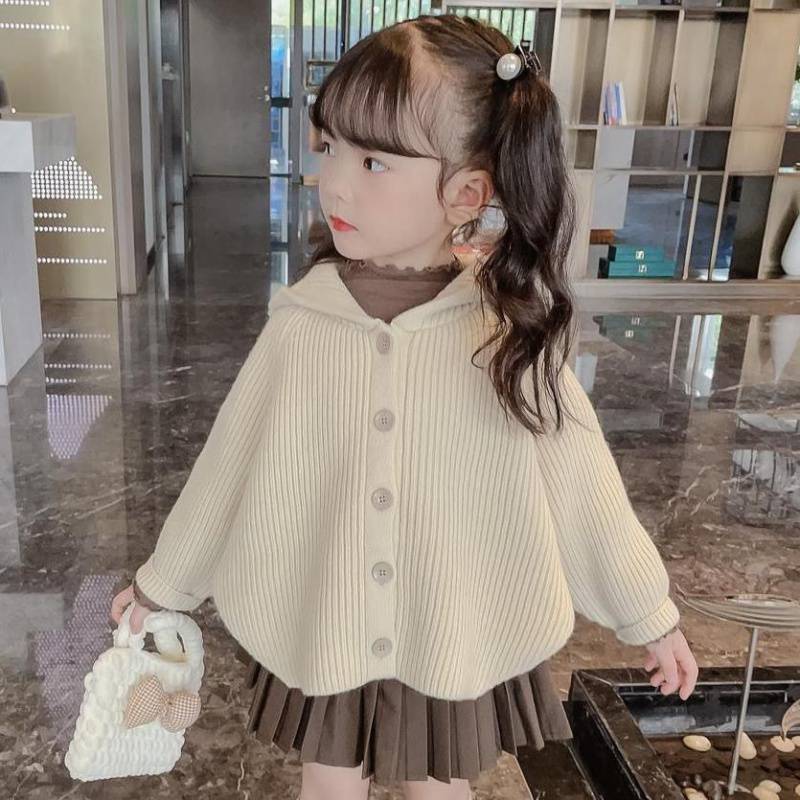 女童针织开衫上衣外套春秋装新款儿童蝙蝠衫韩版女孩连帽毛衣