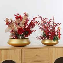 新年冬青桌面花盆摆件金属铁艺装饰花钵红色尤加利红果仿真花花器