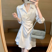法式气质白色连衣裙子女春秋2024年新款不规则收腰显瘦长袖衬衫裙