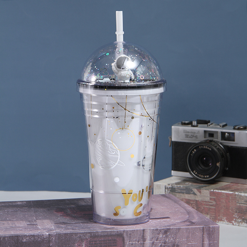 Double Wall Cooling Starry Sky Plastic Cup Creative Planet Cartoon Drinking Cup Microview Spaceman Crushed Ice Cup Gift with Light