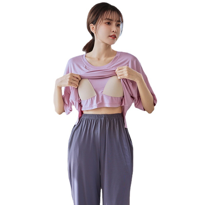 Summer Padded Pajamas Women's Japanese Modal Short-Sleeved Cropped Pants Cotton Silk Casual Ladies Home Leisure Suit