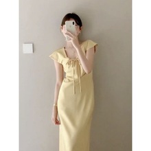法式气质轻奢韩版连衣裙女2024年夏季新款高级感系带收腰显瘦长裙