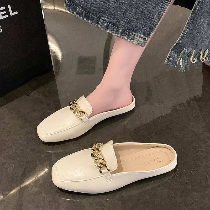 穆勒鞋女2024春夏季新款包头半拖鞋金属链装饰方头低跟女凉鞋代发