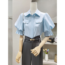 蓝色短袖衬衫女夏季年新款法式小众设计感泡泡袖气质上衣