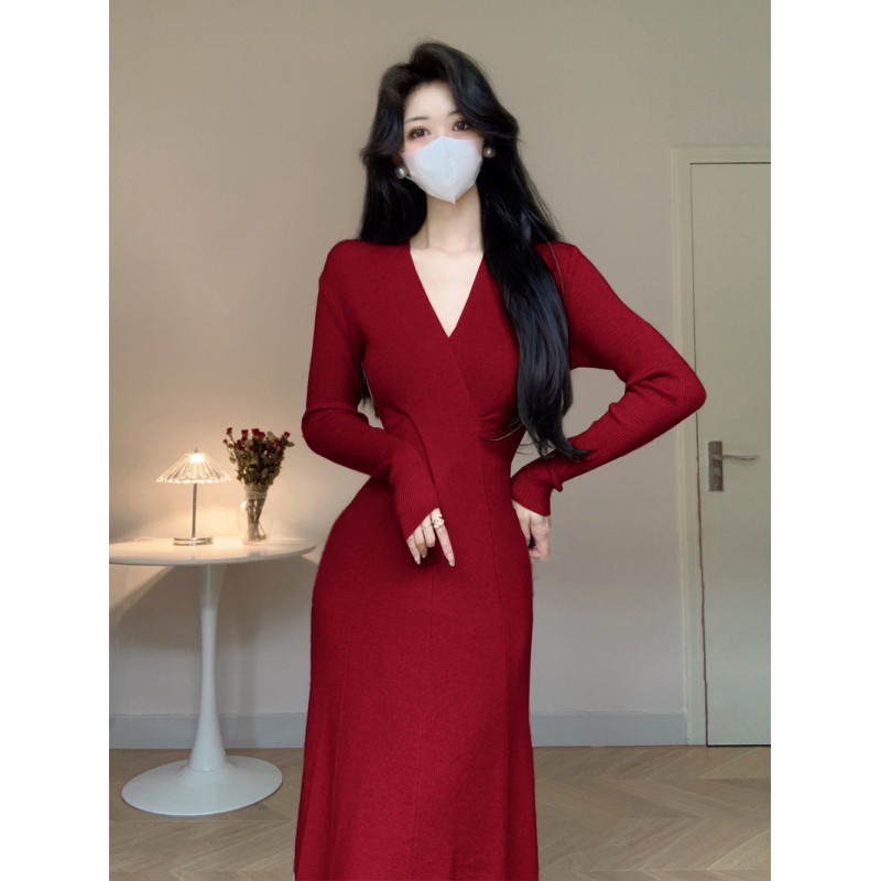 女神范高级感红色配大衣打底包臀连衣裙跨境女装秋季新百搭毛衣裙
