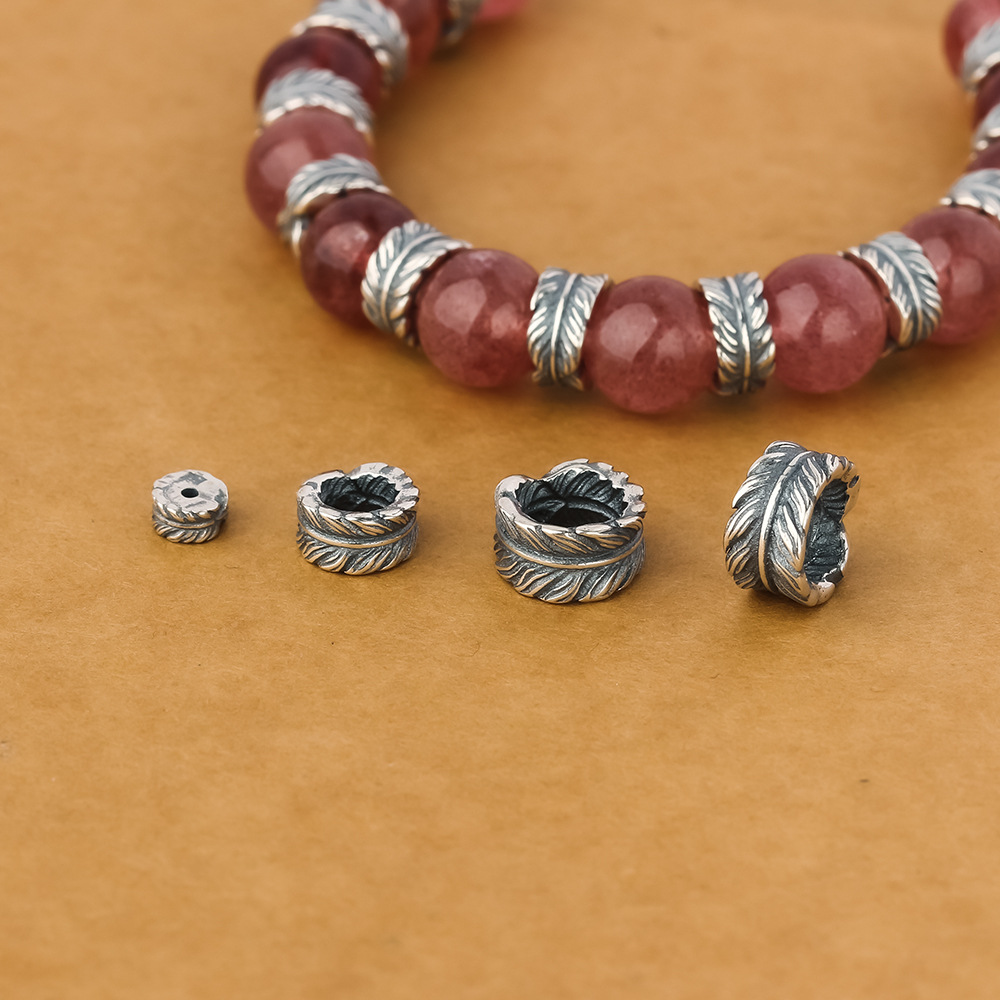 s925纯银羽毛卡环跑环进宝珠子隔珠背云配饰菩提子文玩手串银饰