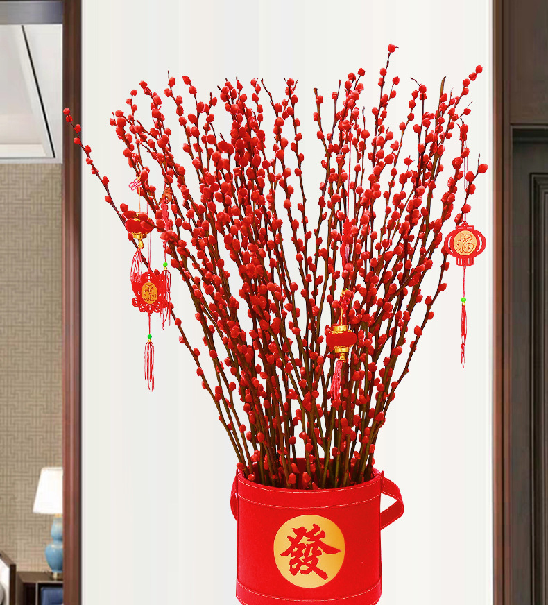 银柳真花春节年宵花银柳 插花福桶红春节饰品 七彩色柳枝干花批发