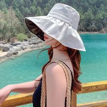 大檐渔夫帽女夏季纯色韩版可折叠黑胶遮阳帽防紫外线遮脸防晒帽子