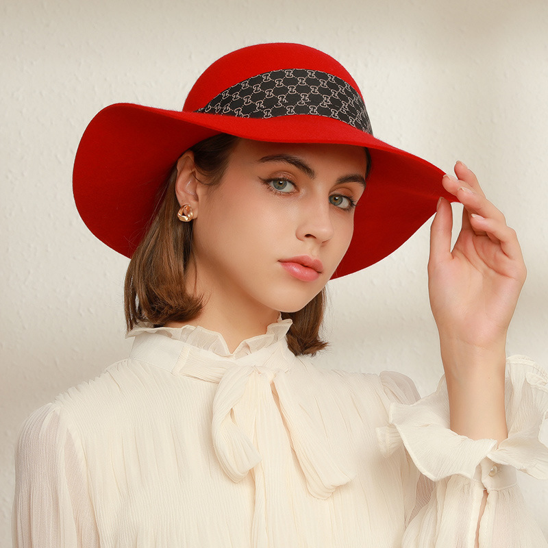 灵珑 新款时尚温柔圆顶宽檐帽子女秋冬  羊毛毡帽 波浪边盆帽代发